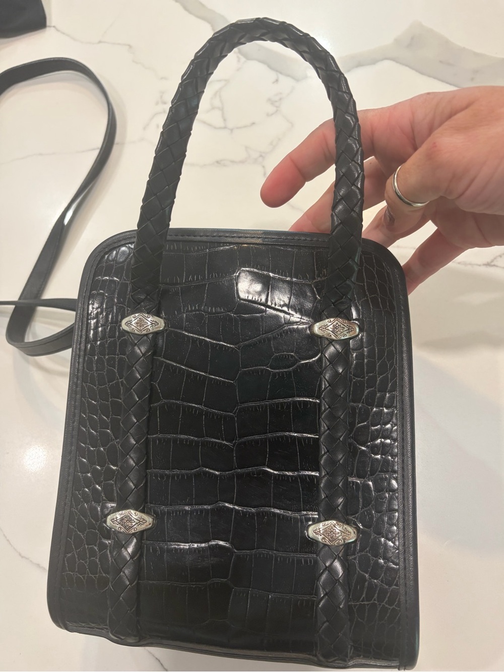 Brighton Black Croc-Embossed Leather Crossbody Tote